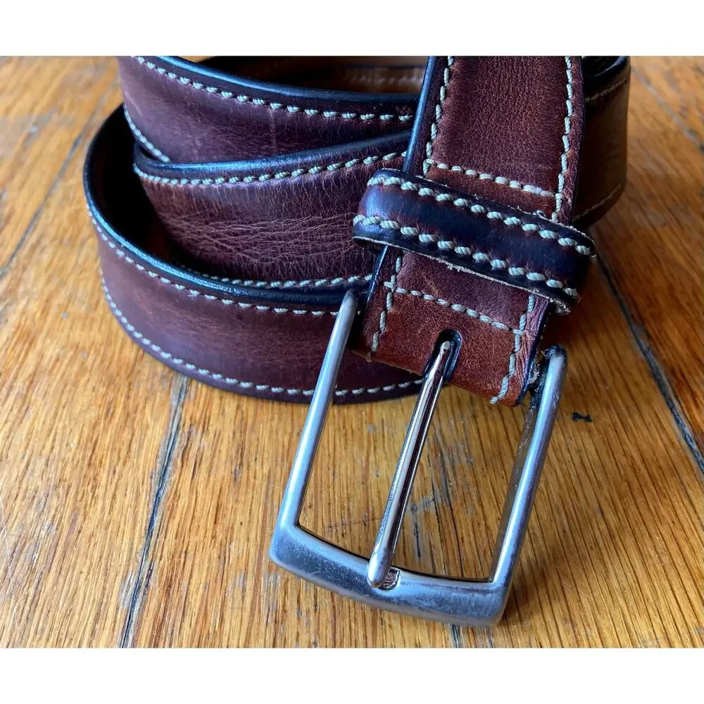 ALLEN EDMONDS Distressed Brown Leather Belt w/Stitch Accent sz 52